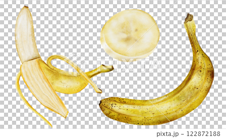 Banana watercolor set. Hand drawn ripe tropical fruit. Clip art isolated on white background realistic exotic plant. Ideal for designing menus, price tags, labels and packaging of natural cosmetics Banana watercolor set. Hand drawn ripe tropical fruit. Clip art isolated on white background realistic exotic plant. Ideal for designing menus, price tags, labels and packaging of natural cosmetics 122872188