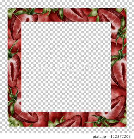 Strawberry watercolor frame. Hand drawn juicy berry realism on isolated white background. Clip art berries. Ideal for fresh food packaging and natural cosmetics stores Strawberry watercolor frame. Hand drawn juicy berry realism on isolated white background. Clip art berries. Ideal for fresh food packaging and natural cosmetics stores 122872208