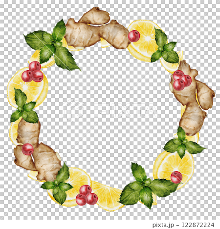 Ginger and lemon watercolor frame. Hand drawn hot root, citrus and mint on isolated white background. Clip art fruits and spices for hot drinks. Ideal for natural tea design and nutritionist blogs Ginger and lemon watercolor frame. Hand drawn hot root, citrus and mint on isolated white background. Clip art fruits and spices for hot drinks. Ideal for natural tea design and nutritionist blogs 122872224