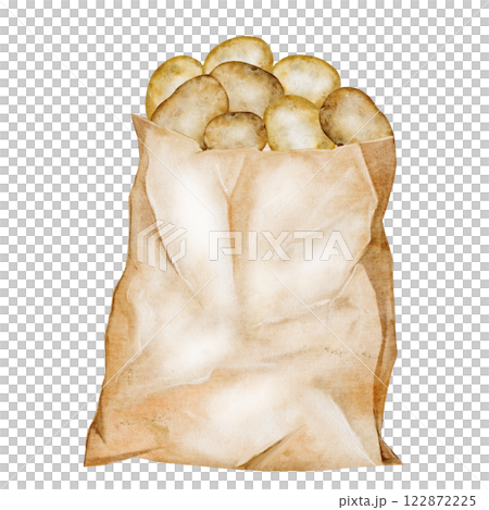 Potato watercolor illustration. Ripe vegetable in a paper bag hand drawn on white isolated background. Organic farm product. Ideal for potato product label, tags and posters Potato watercolor illustration. Ripe vegetable in a paper bag hand drawn on white isolated background. Organic farm product. Ideal for potato product label, tags and posters 122872225