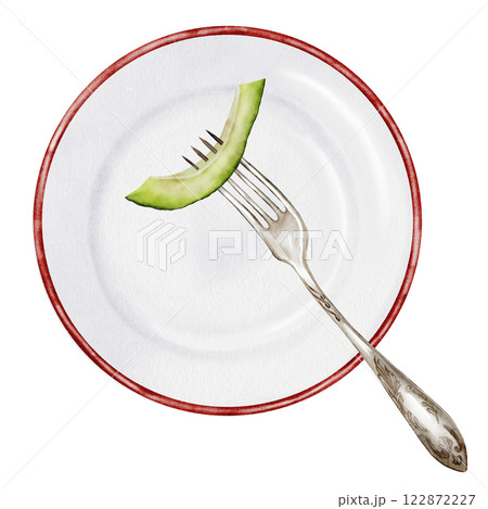 Avocado slice on plate watercolor. Hand drawn piece of ripe fruit on fork on isolated white background. Clip art food. Ideal for posters and restaurant menus of vegetarian and diet dishes Avocado slice on plate watercolor. Hand drawn piece of ripe fruit on fork on isolated white background. Clip art food. Ideal for posters and restaurant menus of vegetarian and diet dishes 122872227