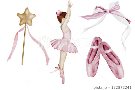 Ballet watercolor set. Hand drawn ballerina girl dancer in pink tutu skirt. Pointe shoes, pink bow and wand with a star. Clip art on isolated white background of cute ballet beauty. Ideal for 122872241