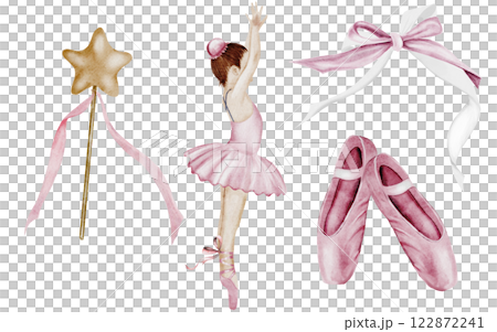 Ballet watercolor set. Hand drawn ballerina girl dancer in pink tutu skirt. Pointe shoes, pink bow and wand with a star. Clip art on isolated white background of cute ballet beauty. Ideal for 122872241