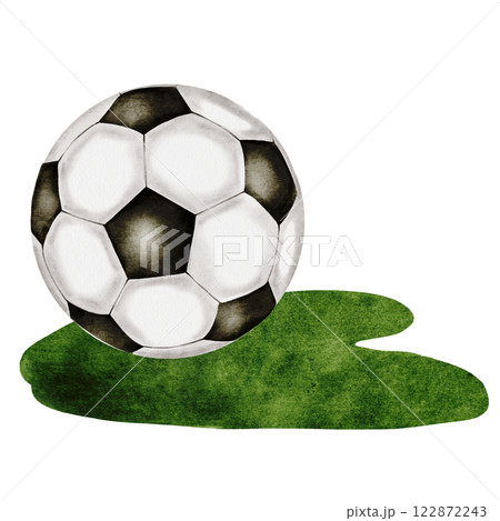 Soccer ball watercolor. Football ball on the grass hand drawn illustration isolated on white background. Sports equipment. For football club logo, poster and football match tickets 122872243