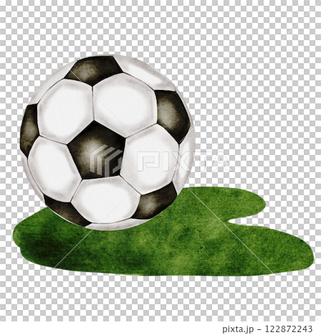 Soccer ball watercolor. Football ball on the grass hand drawn illustration isolated on white background. Sports equipment. For football club logo, poster and football match tickets 122872243