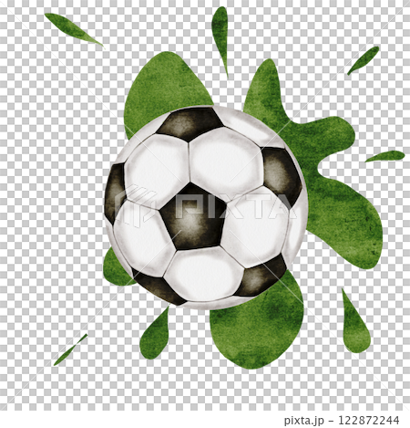 Soccer ball watercolor. Football ball and green splashes hand drawn illustration isolated on white background. Sports equipment. For football club logo, poster and football match tickets 122872244