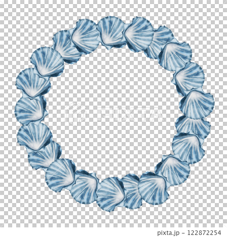 Seashells watercolor frame. Round border of blue shells on isolated white background. Clip art of sea creatures. Ideal for design of cosmetics packaging and bathroom textiles. Seashells watercolor frame. Round border of blue shells on isolated white background. Clip art of sea creatures. Ideal for design of cosmetics packaging and bathroom textiles. 122872254
