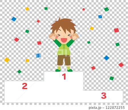 Illustration of a cute little boy celebrating on the podium after winning a championship. White background. Vector clip art Illustration of a cute little boy celebrating on the podium after winning a championship. White background. Vector clip art 122872255