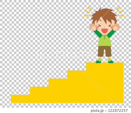 Illustration of a boy cheering with joy at the top of the stairs, white background, vector, clip art Illustration of a boy cheering with joy at the top of the stairs, white background, vector, clip art 122872257