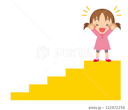 階段のてっぺんでバンザイをして喜ぶ女の子のイラスト　白背景　ベクター　クリップアート 122872258