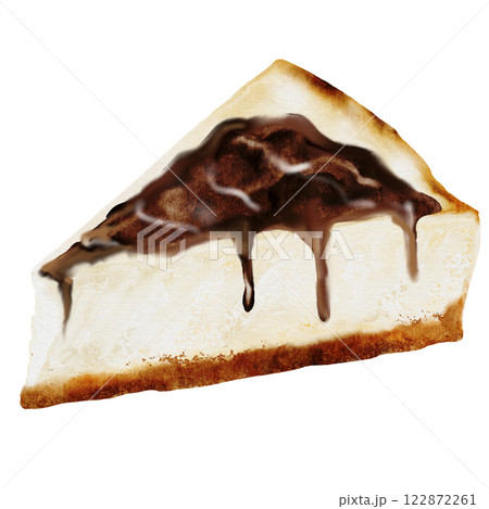 Cheesecake watercolor. Hand drawn classic pie with chocolate topping. Clip art of american pastry on isolated white background. Ideal for bakery menu, coffee shop and recipe books 122872261