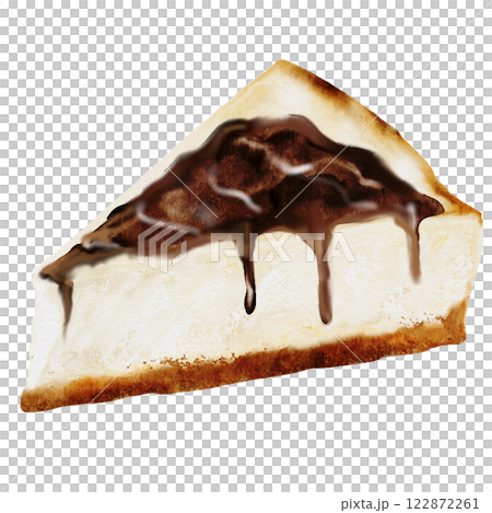 Cheesecake watercolor. Hand drawn classic pie with chocolate topping. Clip art of american pastry on isolated white background. Ideal for bakery menu, coffee shop and recipe books 122872261