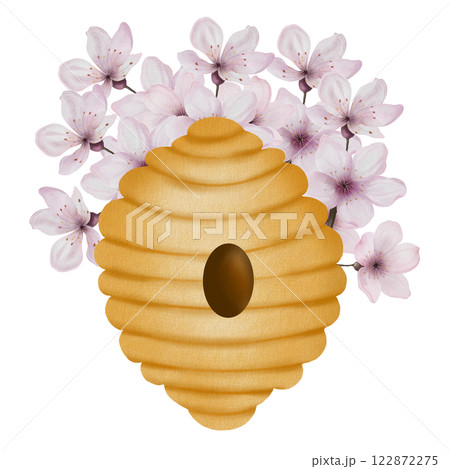 Beehive watercolor. Hand drawn bee house with flowers on isolated white background. Clip art of bumblebee dwelling. Ideal for honey shop design, natural cosmetics and bee products 122872275