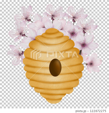 Beehive watercolor. Hand drawn bee house with flowers on isolated white background. Clip art of bumblebee dwelling. Ideal for honey shop design, natural cosmetics and bee products 122872275