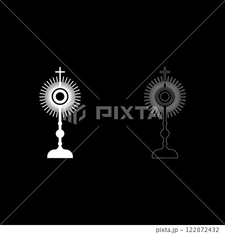 Monstrance Christi Sacrament of the eucharist set icon white color vector illustration image solid fill outline contour line thin flat style Monstrance Christi Sacrament of the eucharist set icon white color vector illustration image solid fill outline contour line thin flat style 122872432