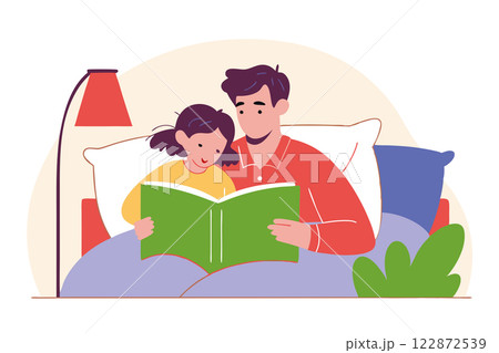Father spending evening time with his little daughter and reading book. Vector illustration 122872539