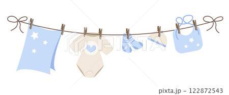 Baby clothes on clothesline. Flat vector illustration. 122872543