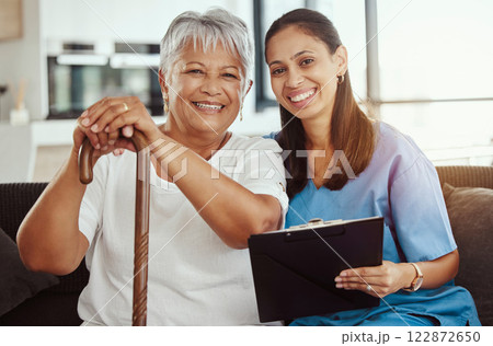 Nurse, healthcare and senior woman with medical support from doctor, consulting for health or happy in communication in retirement. Portrait of elderly person with trust in caregiver worker in house 122872650