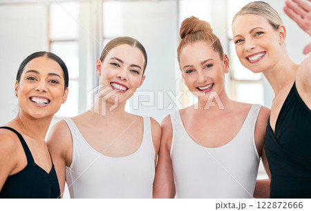 Ballet, dance and happy portrait of women relax in performance art studio after practice, training or dancing exercise. Group of people, girl friends or dancer team smile for work on creative routine Ballet, dance and happy portrait of women relax in performance art studio after practice, training or dancing exercise. Group of people, girl friends or dancer team smile for work on creative routine 122872666
