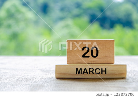 20 March calendar on wooden table with customizable space for text, ideas or messages. Calendar and copy space concept 122872706