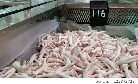 A Fresh chicken feet displayed in market, showcasing their unique texture and color A Fresh chicken feet displayed in market, showcasing their unique texture and color 122872728
