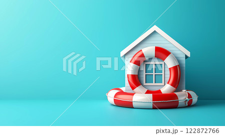 A 3D home wrapped in lifebuoy symbolizes flood insurance and safety. This creative representation highlights importance of protection for your home. A 3D home wrapped in lifebuoy symbolizes flood insurance and safety. This creative representation highlights importance of protection for your home. 122872766