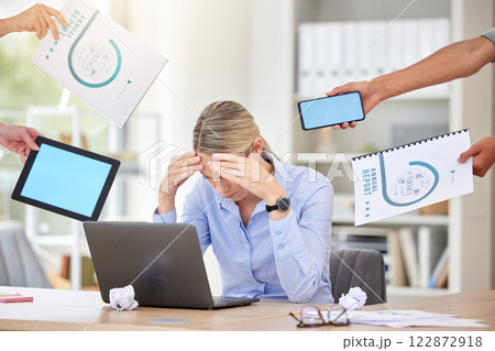 Stress, demand and woman worker with hands holding business reports and blank technology screens. Anxiety, overwhelmed and tired person unhappy with corporate career pressure and deadline. 122872918