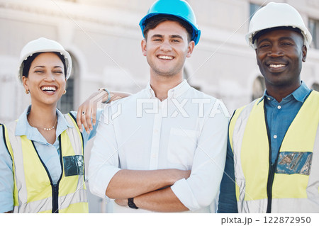 Logistics worker, architect and manager portrait working on construction site, happy with architecture partnership and smile for engineering job. Team diversity in industrial maintenance industry 122872950