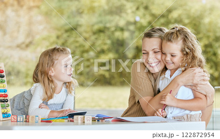 Mother hug girl for kindergarten learning, education and development in language and math on outdoor patio. Mom teaching kids at home and happy with children progress, results or knowledge growth 122872954
