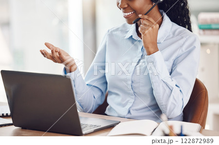 Business call center, video call consultant with laptop headset for problem solving or IT innovation ppt in online web. Black woman virtual advisor with leadership, customer service or tech solution 122872989