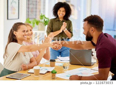 Business handshake, welcome employee and meeting for support in office, planning partnership deal and thank you for collaboration at work. Employee applause for motivation and team target success 122873033