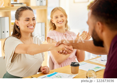 Handshake, agreement and success on business partnership after team negotiation for a b2b contract deal. Business meeting, collaboration and strategy with new corporate partner working on a project 122873036