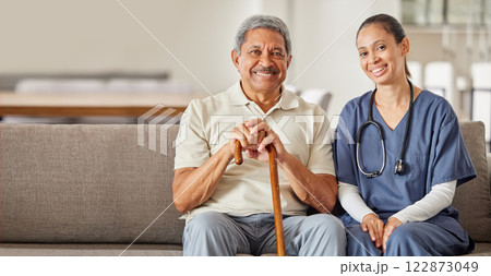 Consulting nurse, senior man and healthcare communication, planning medicine in nursing home and smile for service in house. Portrait of hospital worker caring for elderly person for medical help 122873049