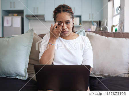 Stress, sad and student crying with laptop alone thinking of bad news, depression and report deadlines. Burnout, anxiety and depressed girl working at home frustrated with mistakes, fail and fear Stress, sad and student crying with laptop alone thinking of bad news, depression and report deadlines. Burnout, anxiety and depressed girl working at home frustrated with mistakes, fail and fear 122873106