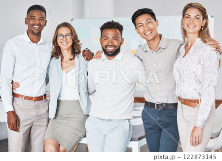 Teamwork, startup and business team collaboration on global success, happy with vision. Planning, strategy and company partner portrait of leader with goal and target support by diverse colleagues 122873145