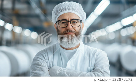 middle aged man in white lab coat and hairnet stands confidently in factory setting 122873172
