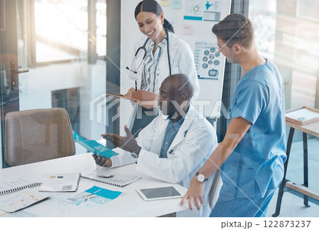 Teamwork, innovation and doctors collaboration in meeting in conference room, happy and planning on breakthrough medical success. Diverse, healthcare and team brainstorm for affordable public care 122873237