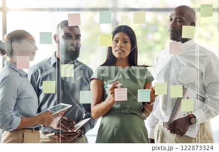 Sticky notes, meeting and teamwork with diversity in the workplace. Ideas, thinking and working team brainstorming in the office with notes on glass wall. Multicultural, business and corporate group 122873324