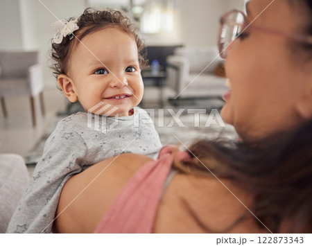Family, mother and baby being funny at home, happiness and relax together in the living room at home. Happy, love and comic child and parent laughing at joke and smile with hug for care in house Family, mother and baby being funny at home, happiness and relax together in the living room at home. Happy, love and comic child and parent laughing at joke and smile with hug for care in house 122873343