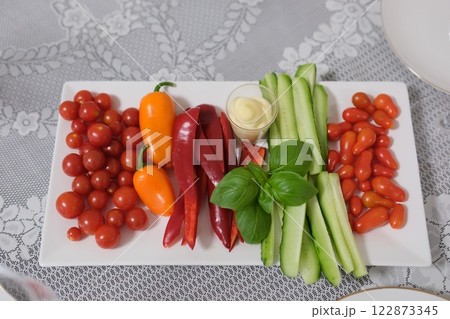 tomatoes cucumbers sweet pepper basil cherry tomatoes cocktail 122873345