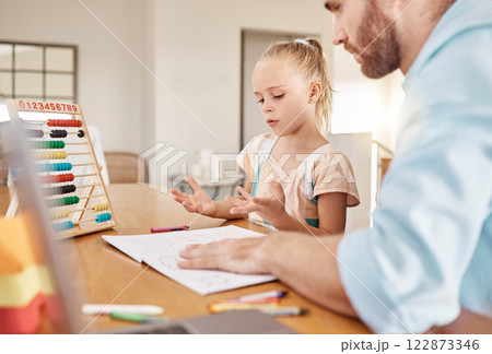 Education, homeschooling and learning of a father and child teaching maths with abacus at home. Daughter counting on fingers with dad helping with homework in mathematics or problem solving activity Education, homeschooling and learning of a father and child teaching maths with abacus at home. Daughter counting on fingers with dad helping with homework in mathematics or problem solving activity 122873346