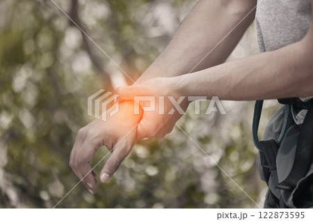 Nature, fitness and man with wrist pain or injury from physical action with red light. Fitness man check for injured muscle and joint inflammation outdoor during activity, workout or training 122873595