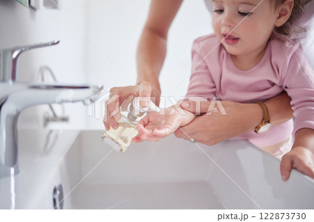 Mother cleaning kids hands with sanitizer liquid soap after baby toddler had dirty fingers in the sink. Healthy, grooming and mom cleaning and helping a young girl with hygiene wellness at home Mother cleaning kids hands with sanitizer liquid soap after baby toddler had dirty fingers in the sink. Healthy, grooming and mom cleaning and helping a young girl with hygiene wellness at home 122873730