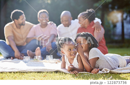 Secret, sister and children with a girl whispering to her sibling and a black family in the background. Kids, mystery and gossip with a female child being secretive on a picnic in the park in summer Secret, sister and children with a girl whispering to her sibling and a black family in the background. Kids, mystery and gossip with a female child being secretive on a picnic in the park in summer 122873736
