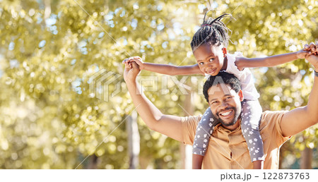 Family walk, summer nature and smile for camping in park during holiday, happy on vacation with girl and walking in green field together. Portrait of African dad and kid relax while hiking Family walk, summer nature and smile for camping in park during holiday, happy on vacation with girl and walking in green field together. Portrait of African dad and kid relax while hiking 122873763
