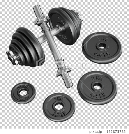 Black Adjustable Dumbbell and one taken apart. Rod handle, weight plates Black Adjustable Dumbbell and one taken apart. Rod handle, weight plates 122873783