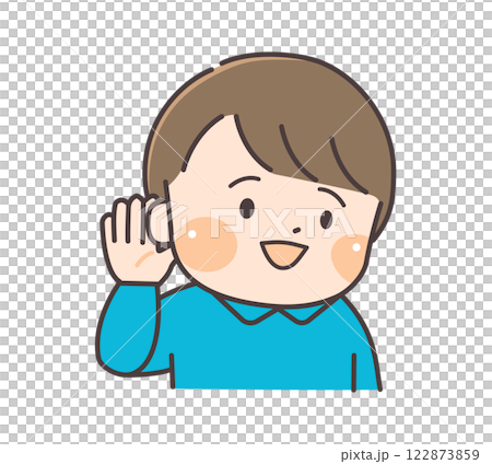 一個孩子微笑著用右手摀住耳朵 一個孩子微笑著用右手摀住耳朵 122873859