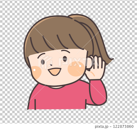A child smiling and holding his left hand to his ear A child smiling and holding his left hand to his ear 122873860