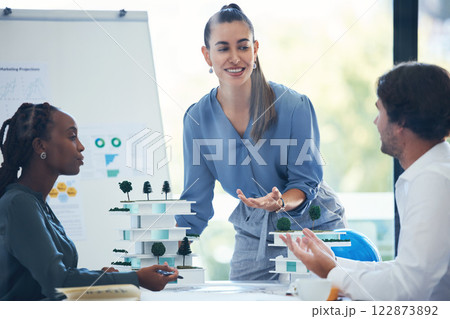 Collaboration, teamwork and architect meeting with 3d design for building project or business growth development. Group of people or creative manager with architecture floor plan strategy and budget 122873892