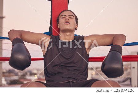 Sports, boxing ring and tired frustrated boxer with low energy, injury or fatigue from exhibition competition. Loser or failure in fight challenge, workout or training burnout from fitness exercise Sports, boxing ring and tired frustrated boxer with low energy, injury or fatigue from exhibition competition. Loser or failure in fight challenge, workout or training burnout from fitness exercise 122874126